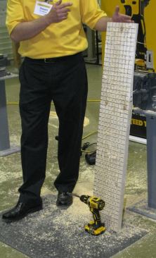 Equipped with a 2.0 Ah XR battery, the brushless drill/driver (DCD790) was able to drill 381 3/8-inch holes through 2-by material.