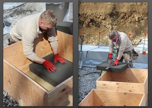Tim places a two-foot-square piece of Foamglas into the prepared form (left), then trims another piece of Foamglas to fit using a trowel. Foamglas cuts easily with a trowel or handsaw, but workers should wear respiratory protection while cutting the material in order to guard against small glass particles or fibers, which carry a risk of lung damage.