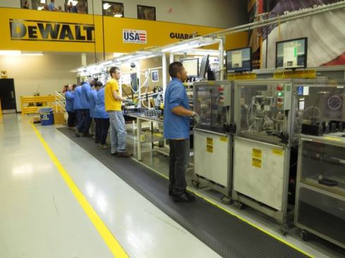 Tools are assembled in “cells” where teams of workers are trained to do every job—and switch every few hours. There are currently 16 cells in the plant and they can quickly be switched to the assembly of different products. The workers in this cell are currently assembling 20V MAX hammer drill drivers.