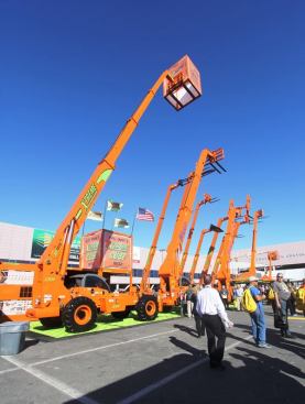 A row of telehandlers.