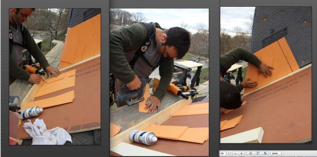 To complete the triple coverage at the corner, Pollard traces the roof angle onto a full shngle (left), cuts the angle using a jigsaw (middle), and nails the cut shingle onto the roof (right).