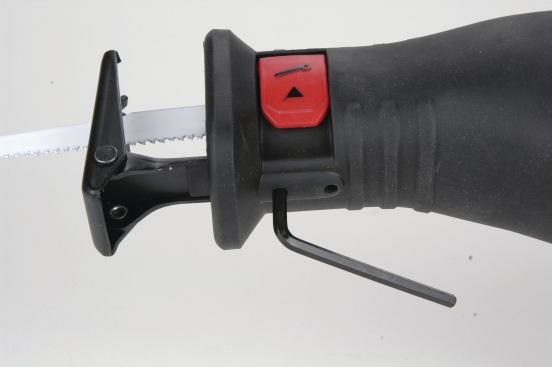 The adjustable shoe of the Metabo locks in place with two set screws and a hex wrench, which can be stored in an onboard slot. A lever lifts to operate the blade clamp. 