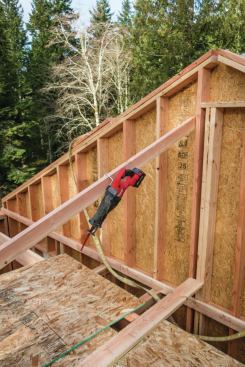 2. Large fold-out hooks on the Makita and Milwaukee Fuel allow you to hang the saws from rafters, ladders, or scaffolding. The hooks click into position or stow flat against the tool. 