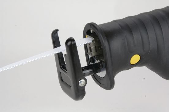 The blade clamp on both DeWalt saws can hold a blade in four different cutting positions. An additional slot holds the blade perpendicular to the handle, and when the saw is held upside down, this position allows for closer flush cuts without having to bend the blade very far to get it flat to the cutting surface.