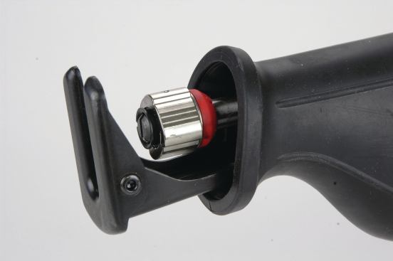 The Bosch has fixed-position shoes and a metal blade-clamp collar. The clamp ejects the blade when you twist it and remains open until another blade is inserted, making it possible to change a blade with one hand. 