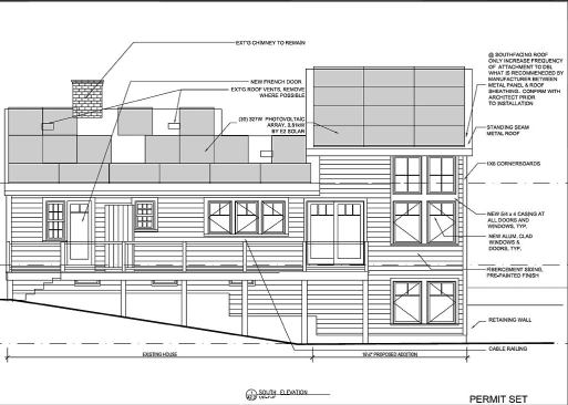 Plans for the new addition make the high-performance energy package clear: An extensive array of rooftop photovoltaic solar panels will cover the south-facing side of the existing house, as well as the new addition, powering air-source heat pumps as well as plug loads for the entire building. Given the owner’s plans to occupy only the new air-tight addition during the coldest part of the year, Horgan hopes that summertime production will balance out winter power consumption, and that the owner may avoid paying any power bill on a net annual basis.
