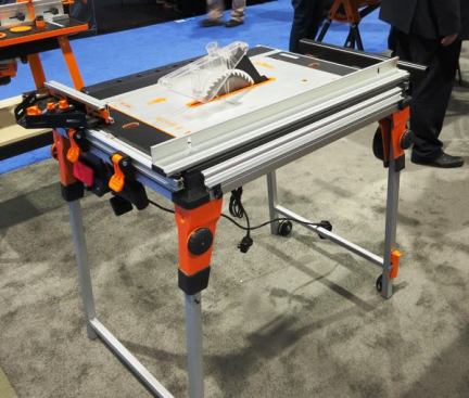 Triton Table Saw. This is a prototype of a saw Triton hopes to import to the U.S. It’s a folding stand with a rectangular opening in the top. A saw or a router (attached to a panel) can be dropped into the opening. That you can use the same stand for two tools is kind of cool, but the fence is ridiculous because it needs to be locked separately at the front and back of the table. I’ll be surprised if this saw is ever sold in the U.S.