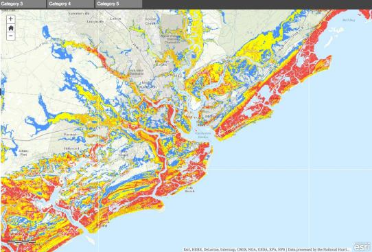 Most locations in the barrier island communities near Charleston, South Carolina, are at risk of deep flood waters and battering waves in a worst-case Category 2 hurricane. A Category 5 hurricane (see next frame), though less likely, poses a far more severe risk were it to strike Charleston directly.