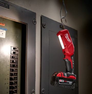 The M18 LED Stick Light (model 2352) has a tilting head with high and low settings of 300 and 150 lumens. There are two hang hooks, one at the top and one that folds out from just above the battery. An important feature of this and other Milwaukee LEDs is that the color temperature (4,000 Kelvin) of the light is close to that of daylight—making it possible to discern color accurately. Available: October 2014. Price: $89 (tool only)