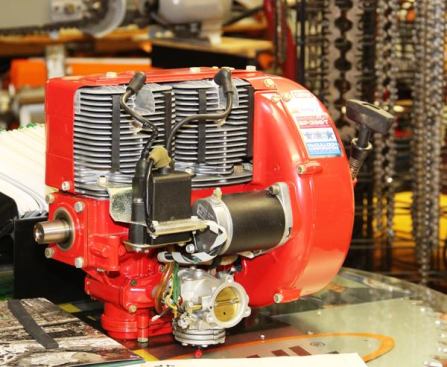BP-399-T. This two-cylinder balanced piston (low vibration) McCulloch motor was built in the early 1970s and intended for use in snowmobiles and go-carts. The project was shelved and the motor never went into production—so this one is very rare. It sat in a box for 40+ years and has never been used. 
Click here to see one being test run.