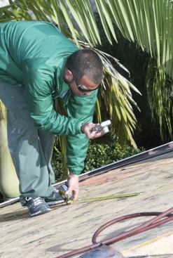 A site supervisor photographs the nailing pattern as evidence for the building department — a requirement on every job.