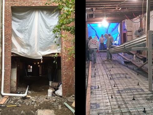 The finished masonry opening was roughly 10 feet wide by 17 feet high (left). The under-slab prep work consisted of running the storm run-off and wastewater lines in two separate, parallel lines with check valves to the street as required by the city. We joined them together just before they exited the basement into one line to the city sewer—the storm and sewer lines are still one and the same in Hoboken. With the plumbing rough-in complete, we prepared to pour a slab by installing compacted gravel, a vapor retarder, rigid insulation, and welded-wire mesh. When it was time to pour, the concrete was off-loaded onto a temporary, site-built shoot (right). We had to close down the street for a day to do this, and hire an off-duty police officer to keep the peace.