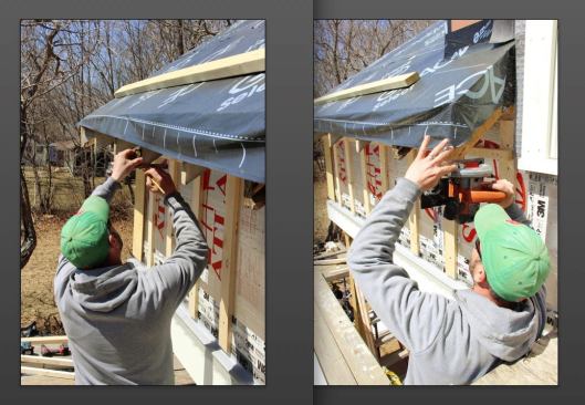 Fenton lays out a level line on the roof rafter endss (left) and makes the level cuts (right).