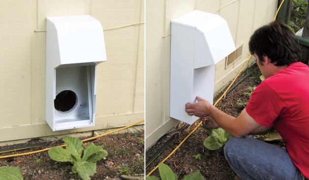 A duct carrying stale air from the HRV passes through the rim joist and connects to a riser hood (left) that directs the exhaust to an exit point 18 inches above grade (right).