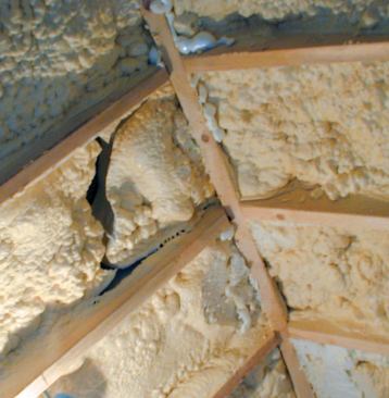 Cracks in the foam sprayed against the roof sheathing precisely matched melted areas of frost on the roof exterior in cold weather. Because such cracks may extend all the way to the sheathing, humid indoor air that moves through them may condense on the cold underside of the sheathing, promoting mold growth or rot.
