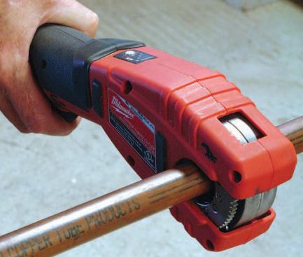 To make a cut, you flip the control switch to the far left and squeeze the trigger, which spins the cutting wheel around the pipe.