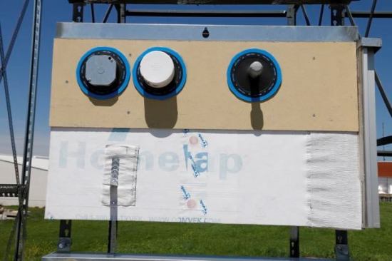 The Tyvek Homewrap sample is looking pretty faded by the sun after this long exposure, but the butyl based tapes look like they are still stuck well. This test shows why I like the longer exposure rating of Commercial Tyvek. Otherwise, it’s not faring too badly.