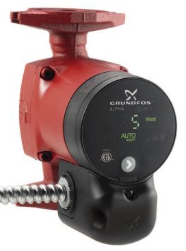The newest generation of "smart" hydronic circulators uses ECM motors and microprocessor controls to regulate pressure in the system, greatly reducing electrical power requirements. The model shown is from Grundfos; similar circulators are available from Wilo, Bell & Gossett, and Taco.