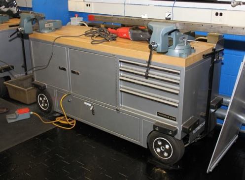 I was impressed and jealous when I saw the super-heavy duty benches they use in the test area. They’re not really benches; they’re pit boxes, the mobile toolboxes used in the pits at auto races. This one was made by pitboxes.com, which is owned by a former NASCAR driver named Ricky Sanders. I’d love to have one of these things but don’t think I ever will – given that a box this size retails for about $5,000.
