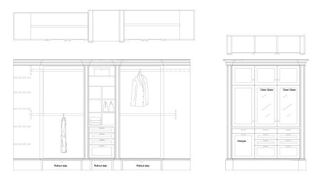 For this closet design, the clothes and accessories on the shelves were taken from CAD blocks. The author inserted his millwork supplier’s molding details into the drawing by downloading the files from the supplier’s website, then cut and pasted them into the drawing. The ability to do that allows him to “shop” for trim in a virtual space before a build begins.