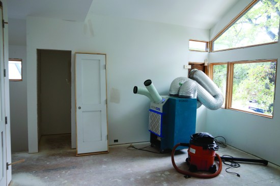 Curing drywall mud and slab foundations can pump moisture into an enclosed interior. Risinger reduces this moisture by using industrial dehumidifiers.