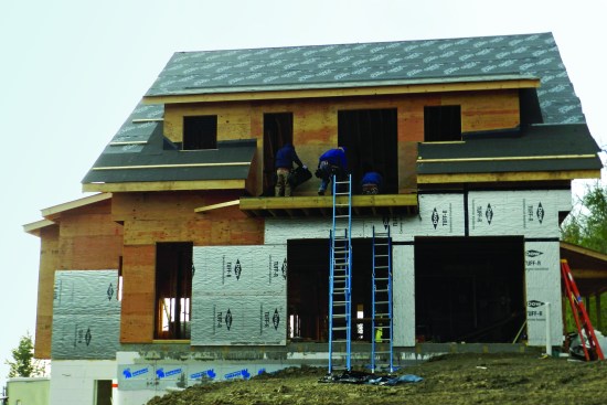 When plywood gets wet, it swells consistently across the panel dimension. It also dries out relatively quickly and returns to its normal dimensions. OSB takes longer to get wet but also longer to dry, and it can swell unevenly. While swelling edges are unlikely to telegraph through and crack the mortar, we wanted to hedge our bets. With stone—a “reservoir” cladding that can soak up and hold much more moisture than wood or fiber-cement siding materials—we wanted as forgiving a wall as possible.