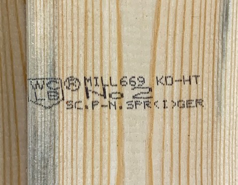 The wood species identified on this grade stamp are woods processed at a German mill that are not among the four North American categories that the ICC building codes recognize.