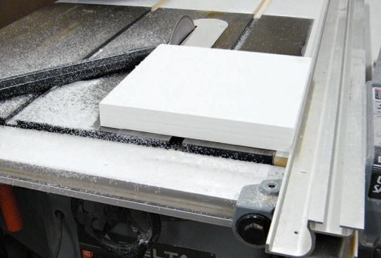 The caps and bases are then trimmed to final size on the table saw.
