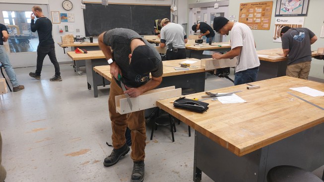 Level 1 students practice introductory hand-tool skills at Algonquin College, in Ottawa, Ontario.