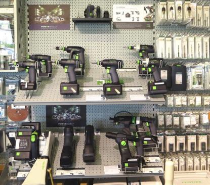You probably recognize most of the cordless drill and impact drivers on the upper shelf—as they are already available here. The hammer drill/driver on the upper right (
Quadrive PDC184) will soon be released on the U.S. market. The lower shelf contains jigsaws and some tools that may soon be available in this country: a 
cordless plunge cutting track saw, a rotary hammer, and a drywall screwdriver.