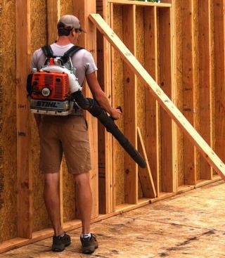 Gas-Powered Blower. For a good 10 years we’ve used a Stihl backpack blower to blow sawdust off floor decks. We also use it to blow dust off walls before taping seams or lifting.