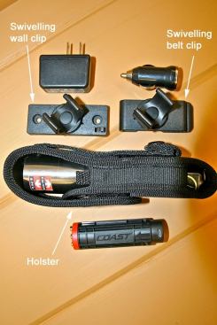Storage options include a holster, swiveling wall clip, or swiveling belt clip.