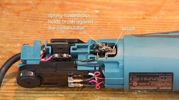 A spring-loaded clip holds the brush against the commutator on the armature or “rotor”. This is one of two brushes – the other is on the opposite side.