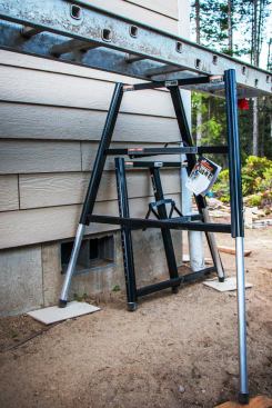 Staging. The only staging we use are two pairs of 
ReechCraft Broncos, adjustable height “sawhorse” supports for staging planks. Each Bronco has three legs, which can be independently adjusted to level the units on uneven ground. Our older ones are from the late 1990s (see previous slide); we recently purchased a brand new set. Using all four of the units and a couple of 24’ planks we can quickly stage and side a long wall—up to about 12’ above grade. The tripods can carry 300 pounds per pair and adjust to a maximum height of 5’. Price: about $300 per pair.