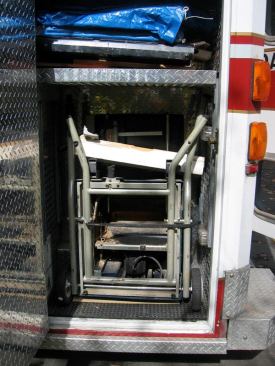 This compartment at the rear left side of the ambulance is one of the author's favorites because it's large enough to hold a tablesaw on its stand - at a height that makes it easy to load and unload the tool.