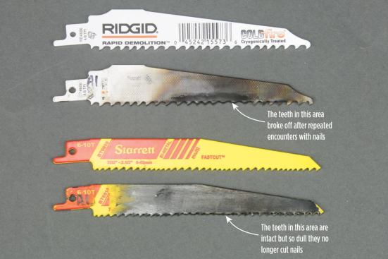 Tooth size alone is not a good predictor of longevity. The widely spaced teeth of the Ridgid blade (at top) cut quickly at first but were prone to snagging on nails. The more tightly spaced teeth of the Starrett didn't lose teeth to shock, but friction and heat eventually wore them down.
