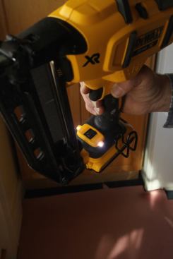 Unlike most cordless tools that offer spot lighting that illuminates the area directly in front of the tool’s nose, this finish gun has two LED lights that splash light around the work area. The left-side light will flash four times to indicate low battery. The right-side battery will flash continually to indicate a nail jam.