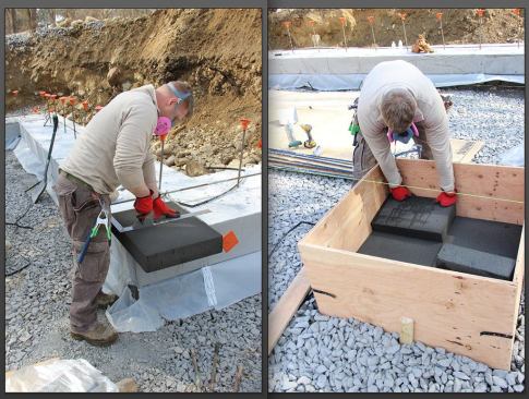 Wearing a respirator to protect his lungs, carpenter Tim cuts a piece of Foamglas (left) and places it into the form (right).