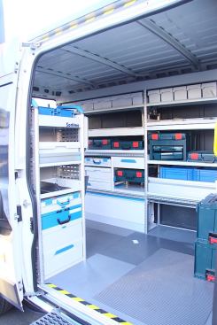 Sortimo had a subtle but effective display inside a Ram van in the Bosch booth. The modular system consists of various components that include drawers and pull-out bins that lock in place. www.sortimo.com