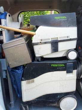 Use small tools. Like many young carpenters, I decided I liked building stuff and promptly went out and bought a 28oz hammer. I've since learned that bigger is not always better. A small compressor, small table saw, and small dust extractor help me stay compact (okay, so the one on the bottom is kind of large—but you get the idea).