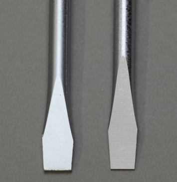 Here are examples of slotted screwdriver tips before and after grinding. The one of the left has been stamped, sent out for plating, and then returned to the plant for the final grind. The one on the right has already been ground.