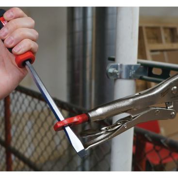 Milwaukee redesigned the traditional locking style pliers by adding a thumb screw with a hole in the center. As you can see the thumb screw accepts a screwdriver for creating greater torque. To demonstrate how strong these pliers can grip, a 200 lb. man used two pliers as handles. He raised and lowered himself on the pliers alone, performing the dip exercise. The pliers, called MAXBITE, are available now in 7" and 10" with padded grips or without (shown here). MSRP: $12.99-$14.99.