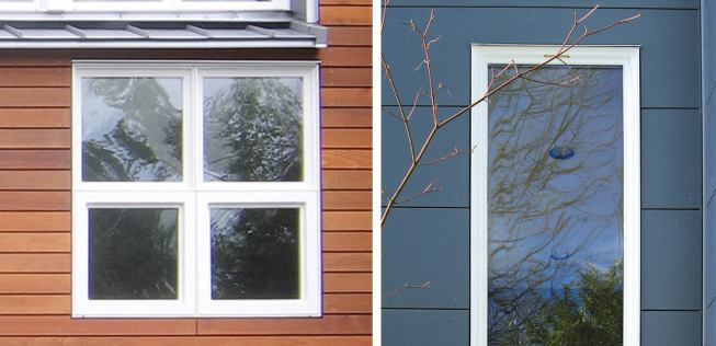 The architect specified a trimless window design, in which both the cedar siding and the fiber-cement panels stopped short of the exposed frames, leaving a reveal that matches those between courses.