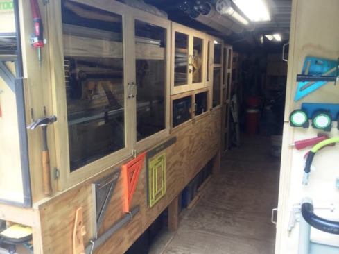 To make easier to find tools, Hokel put clear acrylic panels in the doors. Doors are held closed with RV style latches, ball catches, or slide bolts—to keep them popping open when the trailer is in transit.