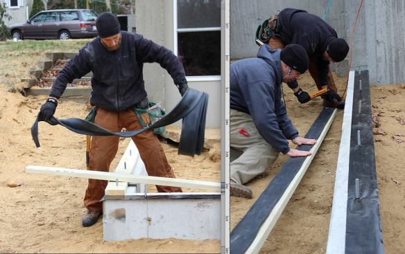 Left, framing subcontractor Mike Hill unrolls the EPDM gasket, supplied by Conservation Technology. Right, Hill and Horgan apply gasketing to the underside of a sill plate.