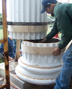 When the bases were removed, it was discovered that the interiors were delaminating and that the columns would have to be replaced in their entirety.