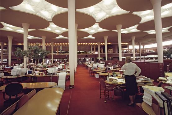Designed by Frank Lloyd Wright, the Johnson Wax Building in Racine, WI. features biophilic design elements which were years ahead of their time. The interior columns in this room are reminiscent of a savannah environment some would say.