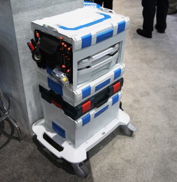 A Bosch L-Boxx sandwiched between Sortimo L-Boxxes. Sortimo makes L-Boxxes for Bosch, so the brands are compatible.