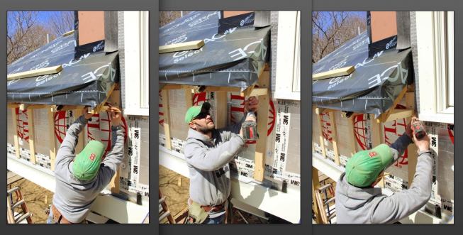 At the eave return, Fenton scribes a level nailer to match the underside of the end rafter (left), screws the nailer to the rafter (center), and screws the nailer to the ledger on the house wall (right).