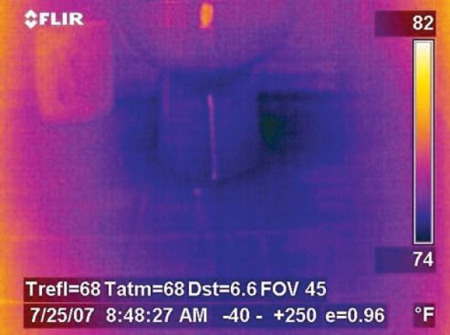As you can see in the thermal image, there's a darker area on right side of the toilet.